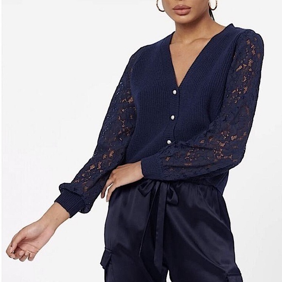 Cami NYC navy wool lace sleeve cardigan - Picture 1 of 11